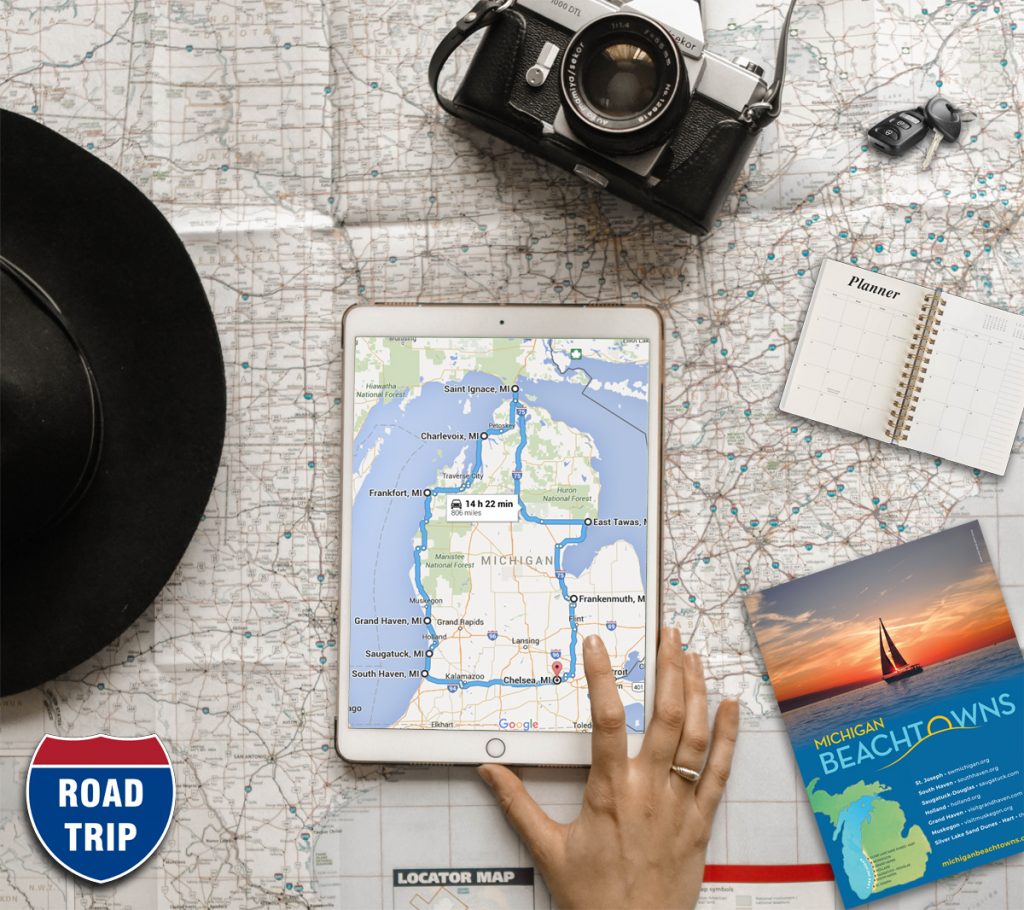 Tablet, Camera, Keys, Map tools to determining route
